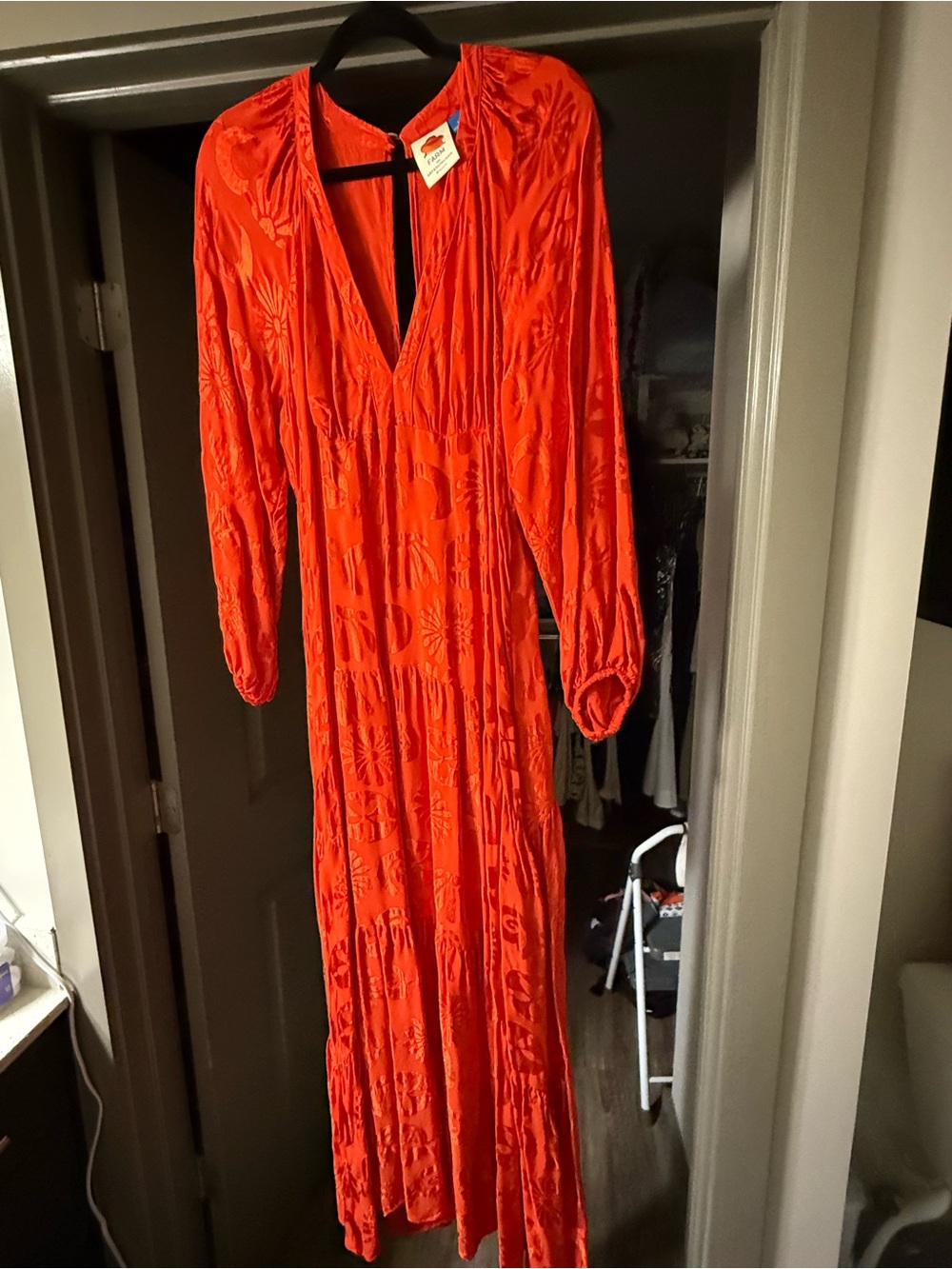 Farm Rio Women's Long Orange V-Neck Maxi Dress by